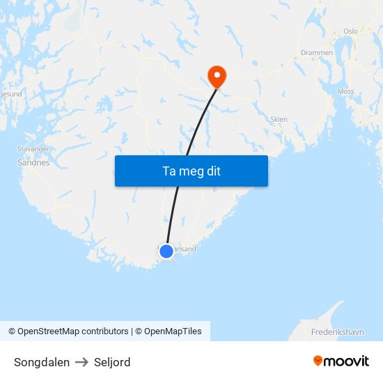 Songdalen to Seljord map