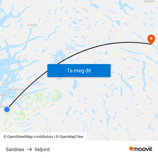 Sandnes to Seljord map