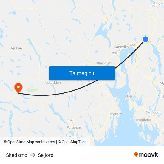 Skedsmo to Seljord map