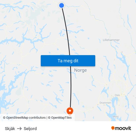 Skjåk to Seljord map