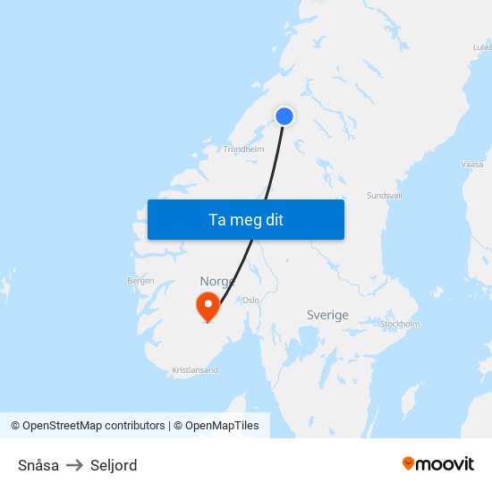 Snåsa to Seljord map