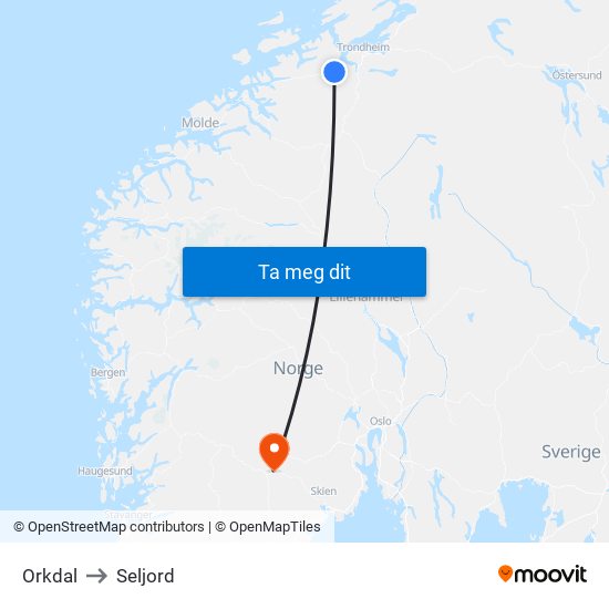 Orkdal to Seljord map