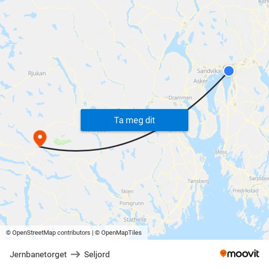 Jernbanetorget to Seljord map