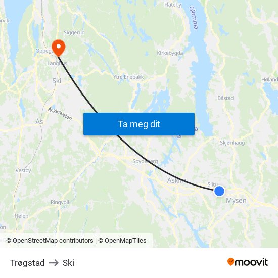 Trøgstad to Ski map