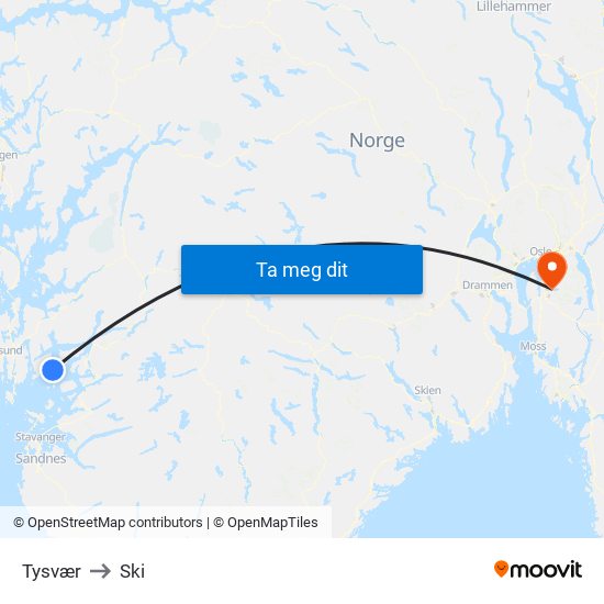 Tysvær to Ski map