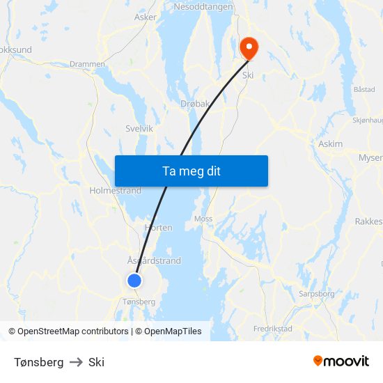 Tønsberg to Ski map