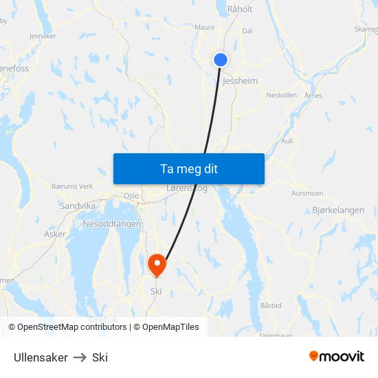 Ullensaker to Ski map