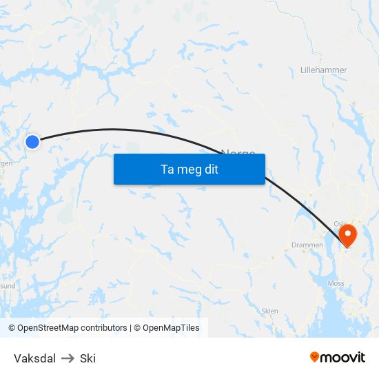 Vaksdal to Ski map