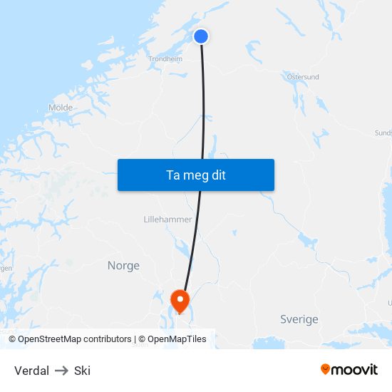 Verdal to Ski map