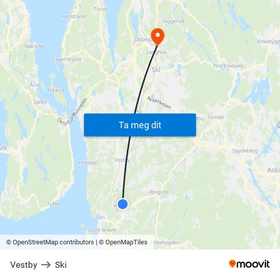 Vestby to Ski map