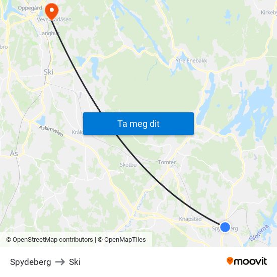 Spydeberg to Ski map
