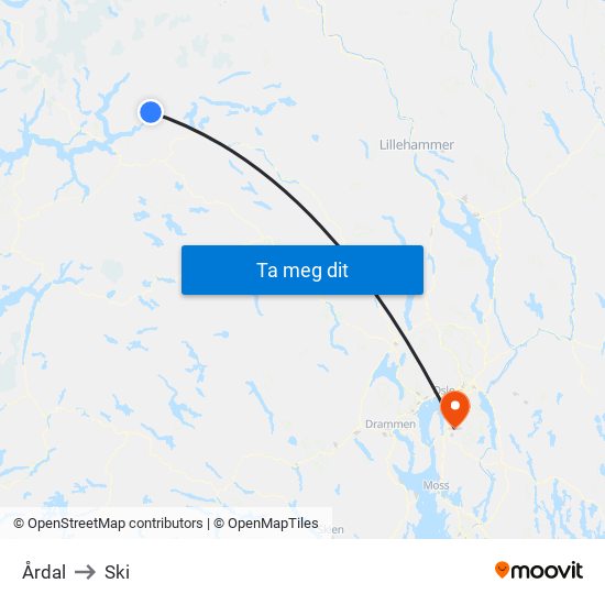 Årdal to Ski map