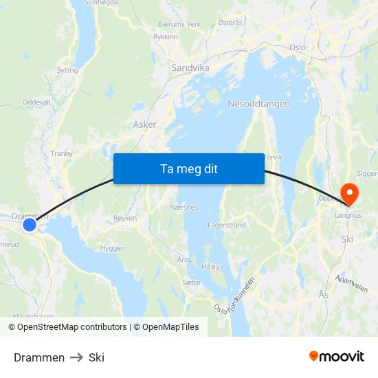 Drammen to Ski map