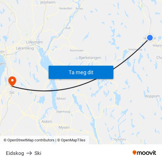 Eidskog to Ski map