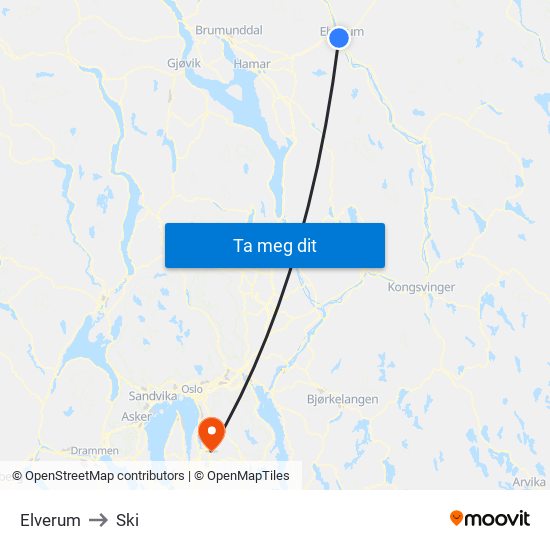 Elverum to Ski map