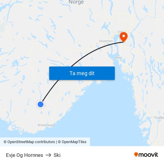 Evje Og Hornnes to Ski map