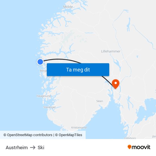 Austrheim to Ski map