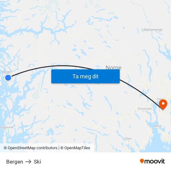 Bergen to Ski map