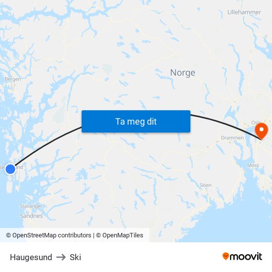 Haugesund to Ski map