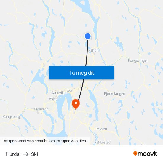 Hurdal to Ski map