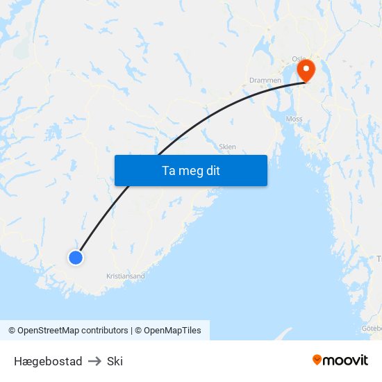 Hægebostad to Ski map