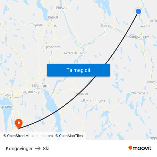 Kongsvinger to Ski map