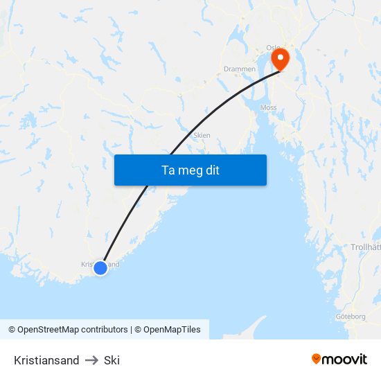 Kristiansand to Ski map