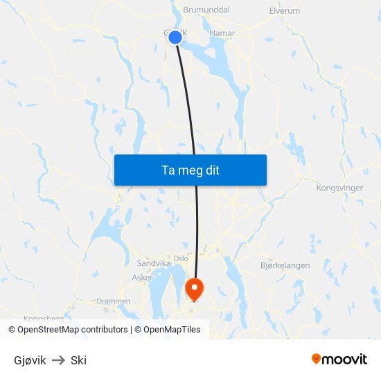 Gjøvik to Ski map