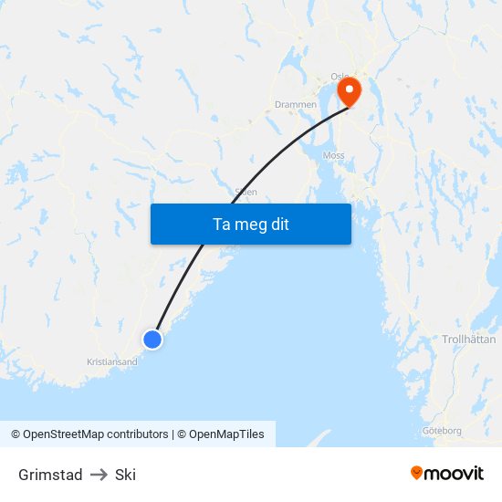 Grimstad to Ski map
