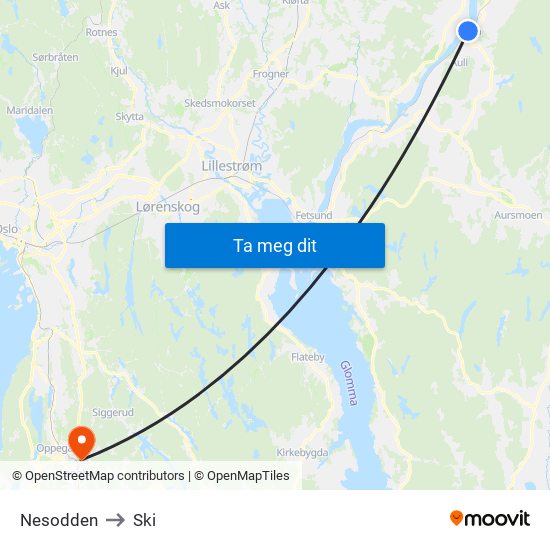 Nesodden to Ski map