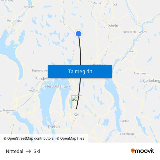 Nittedal to Ski map