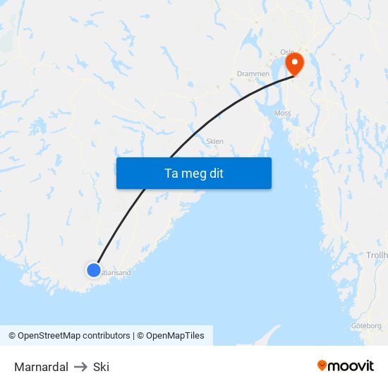 Marnardal to Ski map