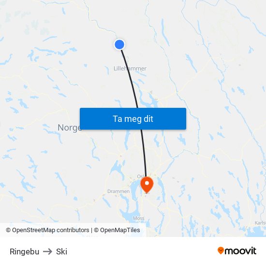 Ringebu to Ski map