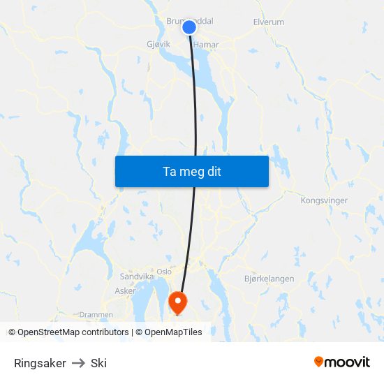 Ringsaker to Ski map