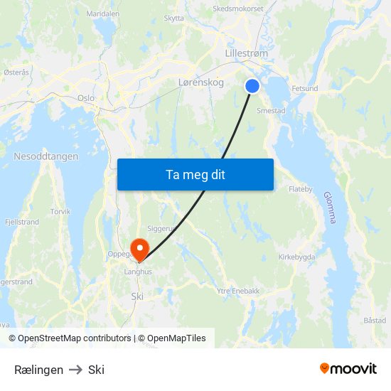 Rælingen to Ski map