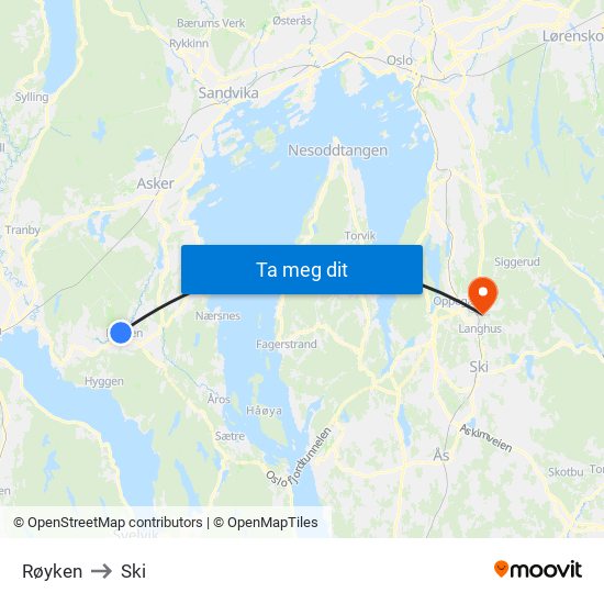 Røyken to Ski map