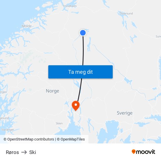 Røros to Ski map