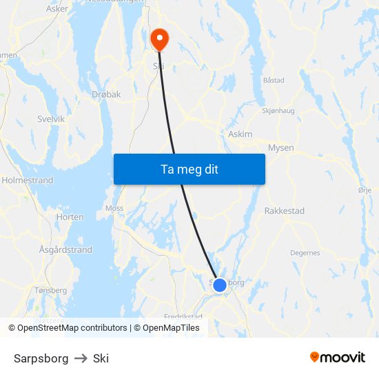 Sarpsborg to Ski map