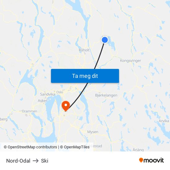 Nord-Odal to Ski map