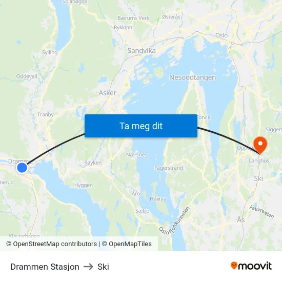 Drammen Stasjon to Ski map