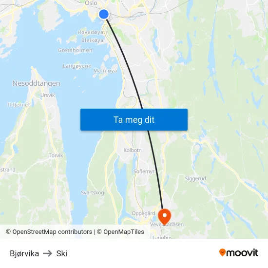 Bjørvika to Ski map