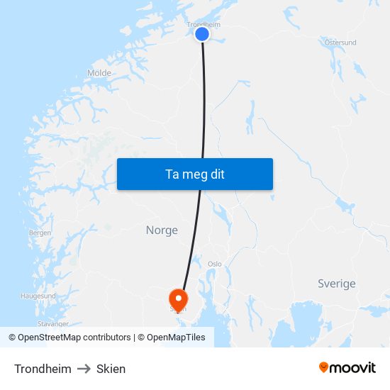 Trondheim to Skien map