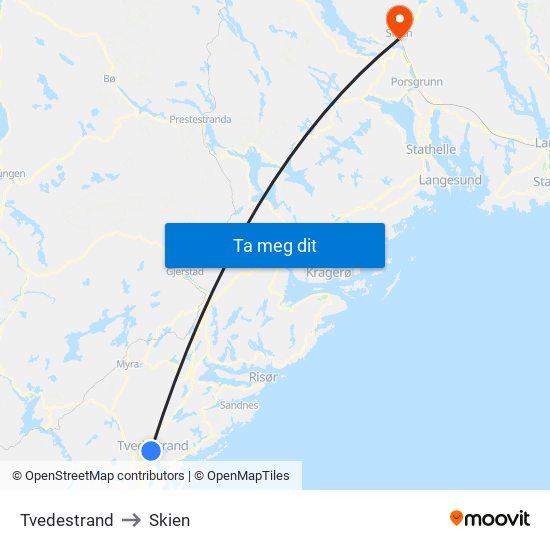 Tvedestrand to Skien map