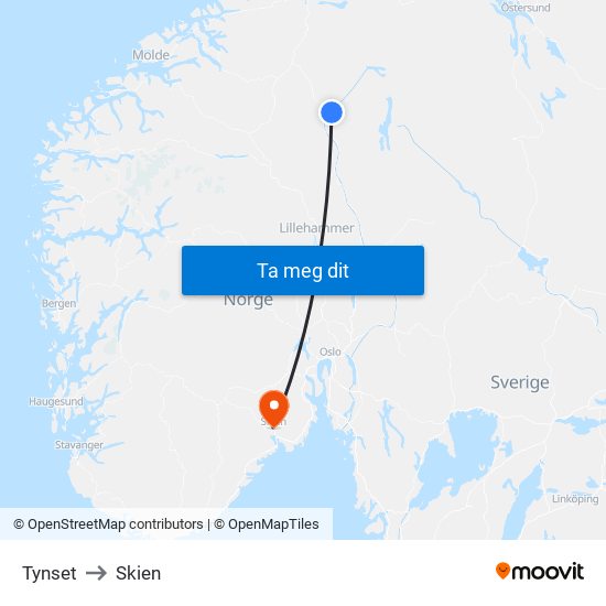 Tynset to Skien map