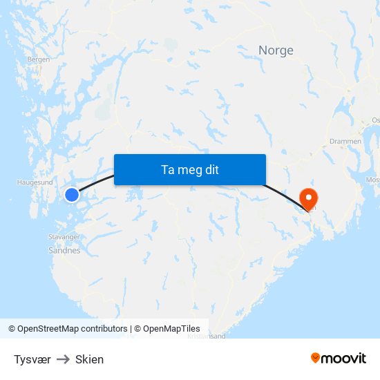 Tysvær to Skien map