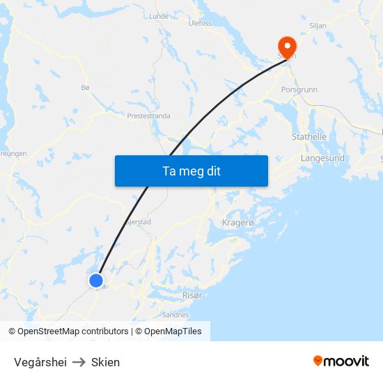 Vegårshei to Skien map