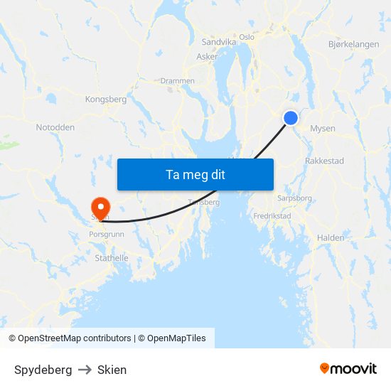 Spydeberg to Skien map