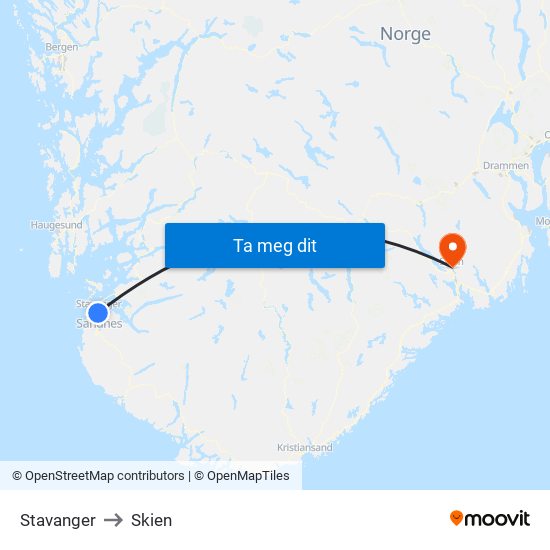 Stavanger to Skien map