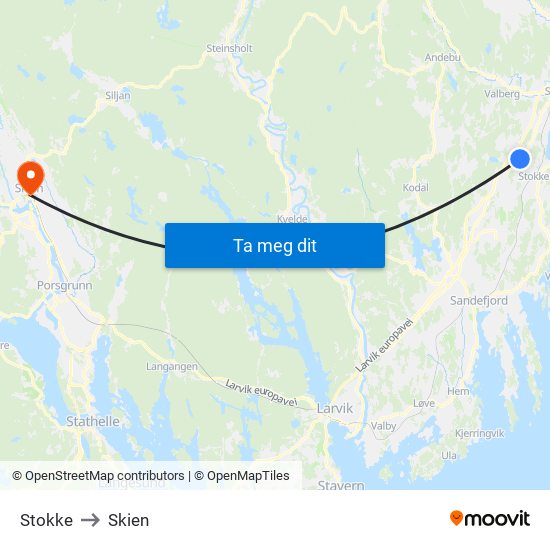 Stokke to Skien map