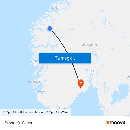 Stryn to Skien map